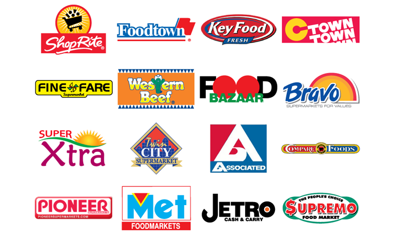 Supermarket Logos: Shoprite, Foodtown, Key Food, C town, Fine Fare, Western Beef, Food Bazar, Bravo, Extra, Twin city, Associated, Compare, Pioneer, MET Foods, Jetro Cash & Carry.